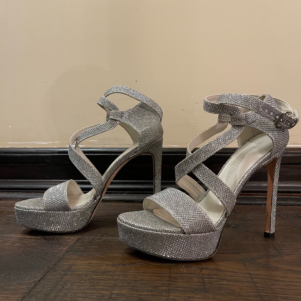 Stuart Weitzman Silver Glitter Strappy Sandal